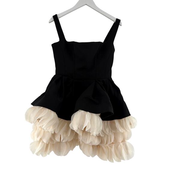 Bronx and Banco Women's Black Beige Catalina Ruffled Satin Minidress Size 6 - Picture 3 of 9